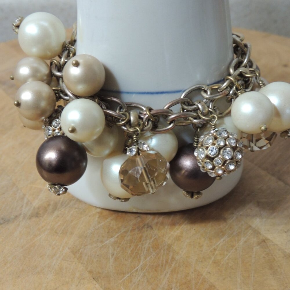Stella & Dot Audrey Cluster Bracelet Cha Cha Gold Tone Faux Pearls Crystals 8"